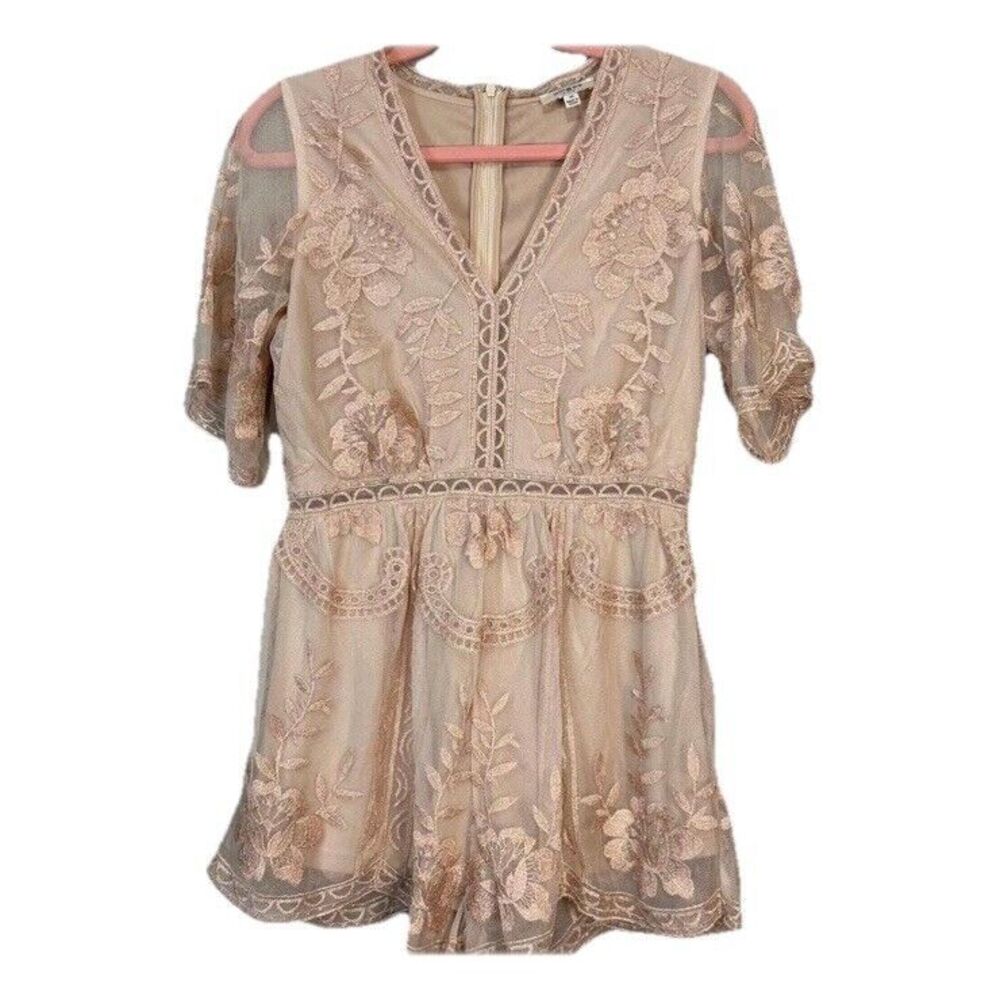 Umgee Nude & Rose Gold Shimmer‎ Floral Embroidered Sheer Lace Romper Sz S